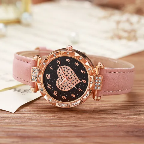 Reloj de Cuarzo de Moda para Mujer Esfera de Corazón de Diamantes de Imitación Cielo Estrellado Caja de Aleación de Oro Rosa Correa de Cuero PU Reloj de Pulsera Casual para Estudiantes
