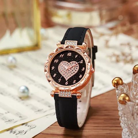 Reloj de Cuarzo de Moda para Mujer Esfera de Corazón de Diamantes de Imitación Cielo Estrellado Caja de Aleación de Oro Rosa Correa de Cuero PU Reloj de Pulsera Casual para Estudiantes