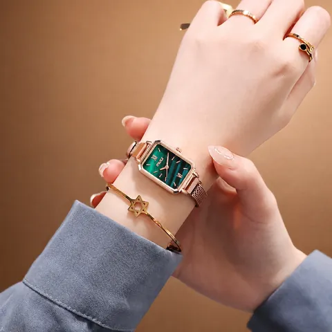 Elegant Women Rectangular Quartz Watch Rose Gold Stainless Steel Mesh Strap Retro Fashion Minimalist Lady Wrist Watch
