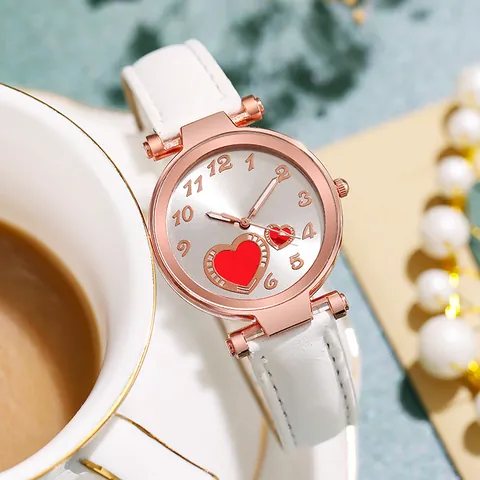 Women's Vintage Heart Dial Quartz Watch With PU Leather Strap Rose Gold Alloy Case Simple Minimalist Analog Wristwatch Gift