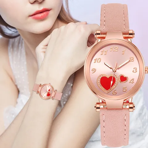 Women's Vintage Heart Dial Quartz Watch With PU Leather Strap Rose Gold Alloy Case Simple Minimalist Analog Wristwatch Gift