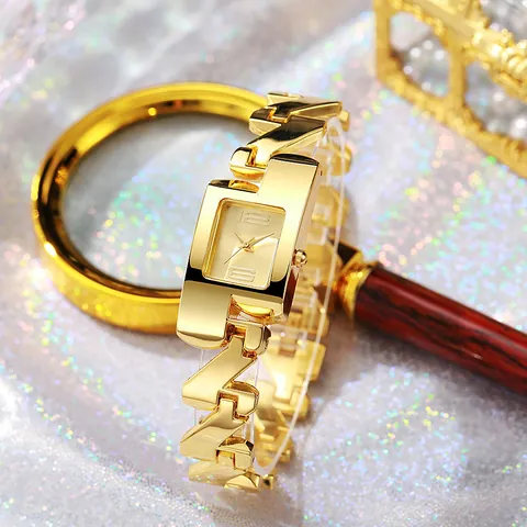 Orologio al Quarzo Quadrato in Oro Vintage da Donna con Cinturino a Catena in Lega Cava Geometrica Orologio alla Moda