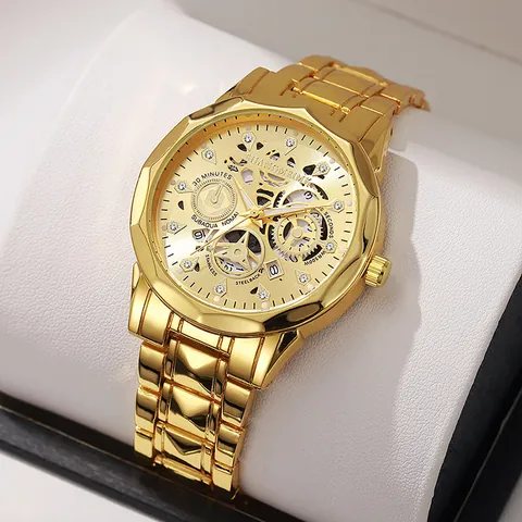 Orologio al Quarzo Business di Lusso da Uomo Quadrante Scheletrato Impermeabile Luminoso Cinturino in Metallo Lega Display Calendario