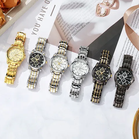 Reloj de Cuarzo de Pareja Clásico de Negocios Caja de Aleación Correa de Acero Inoxidable Bicolor Manecillas Luminosas Calendario