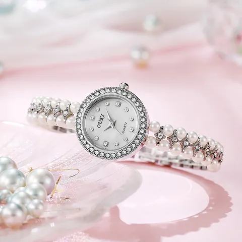 Women Fashion Pearl Bracelet Watch Luxury Rhinestone Round Dial Quartz Watch Elegant Ladies Jewelry Wristwatch Gift