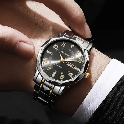 Orologio al Quarzo Classico Business da Uomo Orologio da Polso Analogico Luminoso Doppio Calendario Giorno Data Cinturino in Lega Scala di Strass Quadrante Rotondo Impermeabile