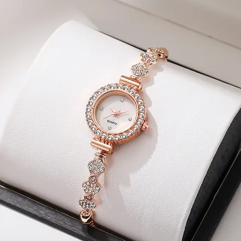 Women's Fashion Quartz Watch With Rhinestone Flower Bracelet Adjustable Drawstring Alloy Round Dial Luxury Jewelry Watch Gift