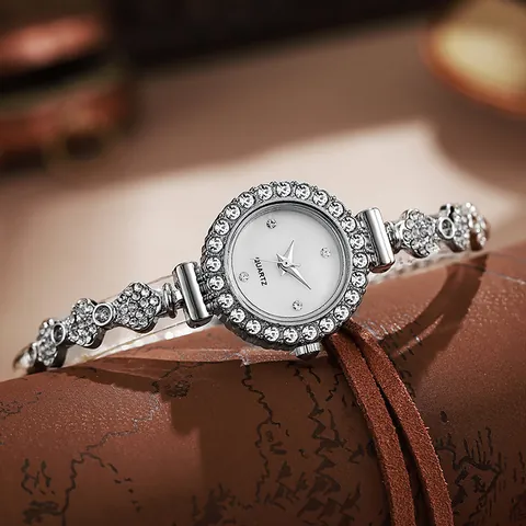 Women's Fashion Quartz Watch With Rhinestone Flower Bracelet Adjustable Drawstring Alloy Round Dial Luxury Jewelry Watch Gift