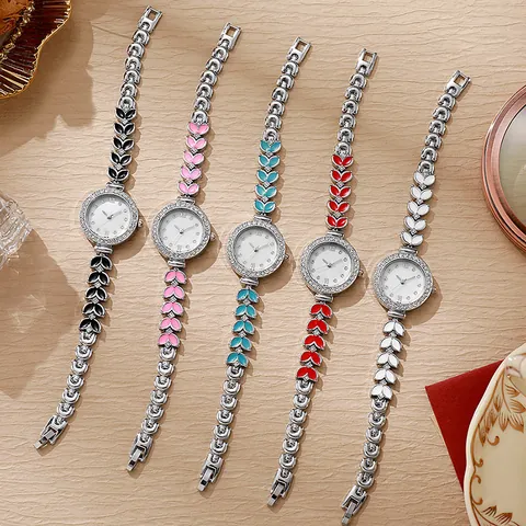 Women Fashion Mermaid Alloy Bracelet Watch Inlaid Rhinestone Enamel Heart Leaf Strap Elegant Lady Quartz Wristwatch Jewelry