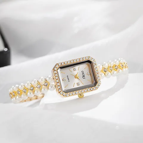 Women Vintage Elegant Quartz Watch With Rectangle Rhinestone Case And Faux Artificial Pearl Bracelet Chain Wristwatch Jewelry Gift