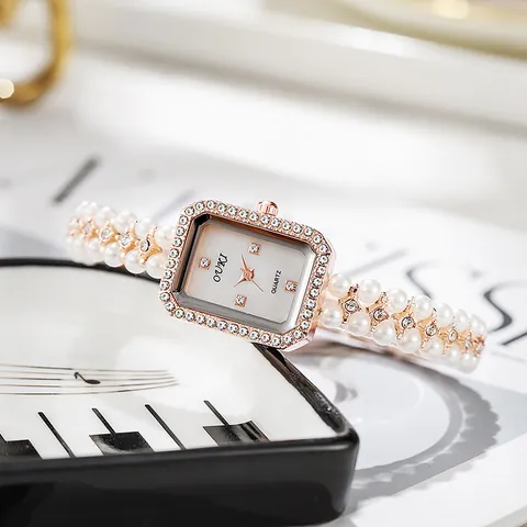 OUKI Vintage Ladies Quartz Watch Elegant Rectangular Case Rhinestone Bezel Imitation Artificial Pearl Chain Bracelet Watch Women Wristwatch Jewelry Gift
