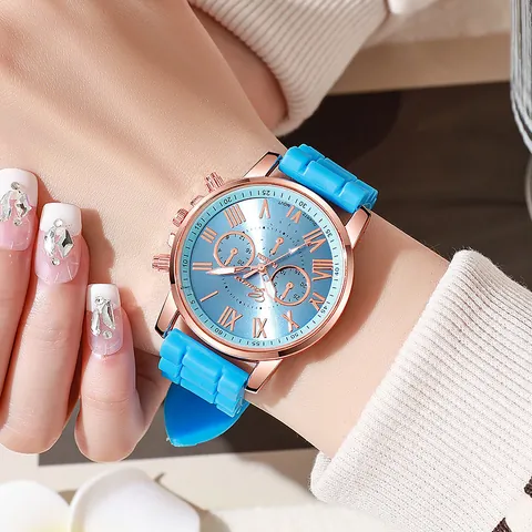 Reloj de Cuarzo para Mujer con Correa de Silicona Esfera de Números Romanos Caja de Aleación de Oro Rosa Reloj Analógico