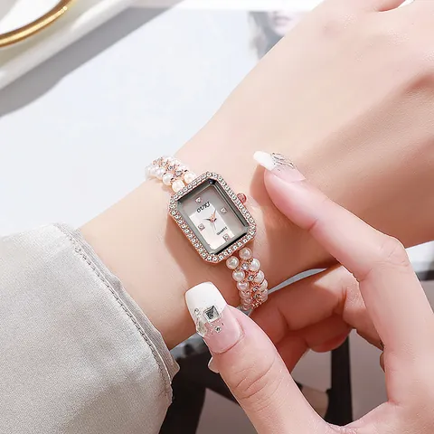 OUKI Vintage Ladies Quartz Watch Elegant Rectangular Case Rhinestone Bezel Imitation Artificial Pearl Chain Bracelet Watch Women Wristwatch Jewelry Gift