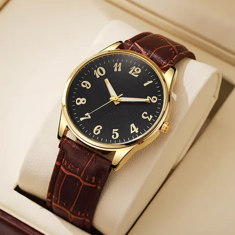 Men's Business Luxury Quartz Watch Gold Alloy Case Arabic Numerals Analog Display Faux Leather Croco Embossed Strap Wristwatch