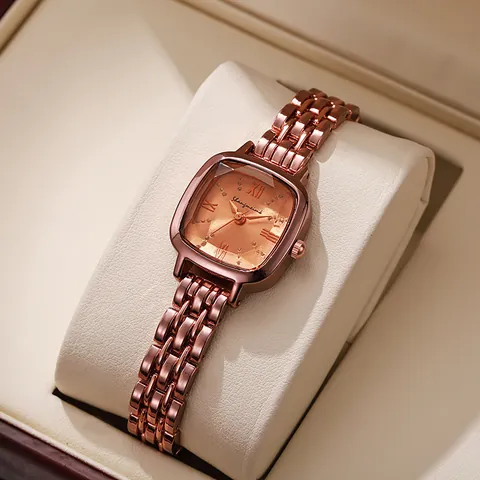 Montre à Quartz Carrée pour Femme Mode Or Rose Bracelet en Acier Inoxydable Chiffres Romains Strass Montre-Bracelet