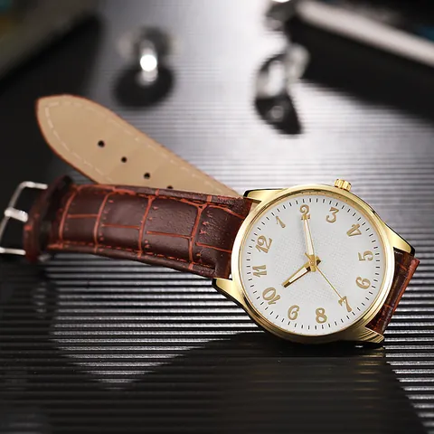 Men's Business Luxury Quartz Watch Gold Alloy Case Arabic Numerals Analog Display Faux Leather Croco Embossed Strap Wristwatch