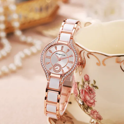 Mode Damen Quarzuhr Roségold Legierung Gehäuse Mit Strass Lünette Keramik Gliederarmband Elegante Schmuck Armbanduhr