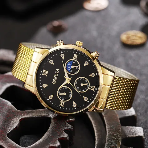 Luxury Men's Gold Business Quartz Watch Stainless Steel Milanese Mesh Band Roman Numerals Rhinestone Decorative Subdials Analog Wristwatch