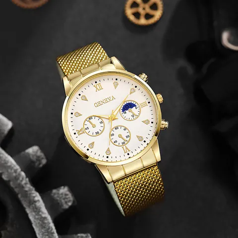 Luxury Men's Gold Business Quartz Watch Stainless Steel Milanese Mesh Band Roman Numerals Rhinestone Decorative Subdials Analog Wristwatch