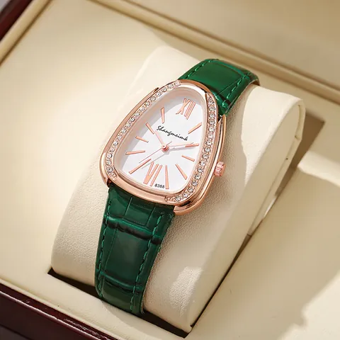 Orologio al Quarzo da Donna a Forma di Testa di Serpente Cassa in Lega Oro Rosa Strass Cinturino in Pelle PU Coccodrillo