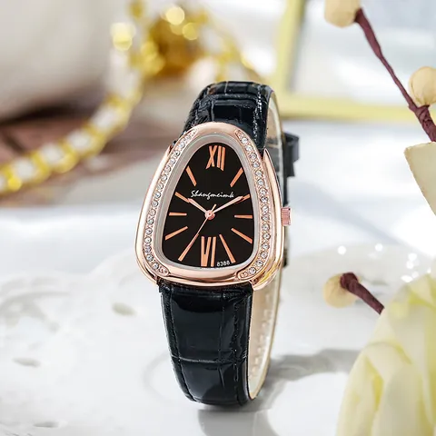 Orologio al Quarzo da Donna a Forma di Testa di Serpente Cassa in Lega Oro Rosa Strass Cinturino in Pelle PU Coccodrillo