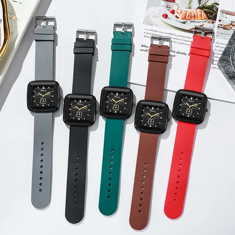 Women Fashion Square Quartz Watch Minimalist Silicone Strap Black Dial Rhinestone Accents Analog Wristwatch Jewelry Gift
