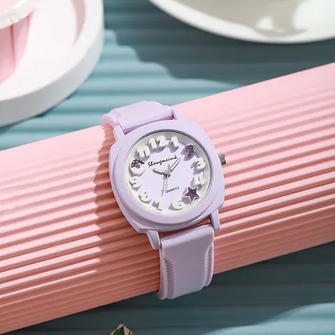 Reloj de Cuarzo Cuadrado de Moda para Mujeres Niñas Lindo Dial de Números 3D Correa de Silicona Casual Colores de Caramelo Regalo