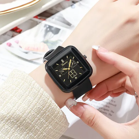 Women Fashion Square Quartz Watch Minimalist Silicone Strap Black Dial Rhinestone Accents Analog Wristwatch Jewelry Gift