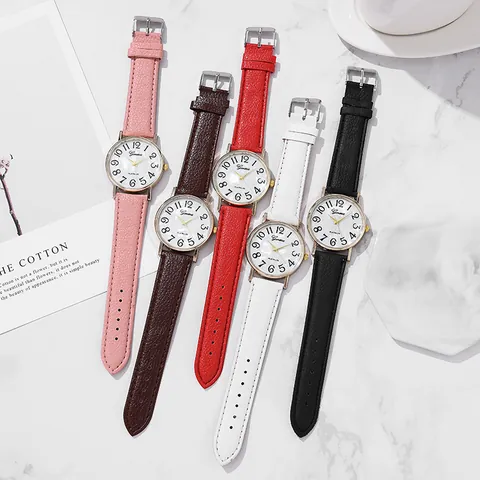 Women's Fashion Quartz Watch With Faux Leather Strap Large Arabic Numerals Shell Texture Dial Round Case Lady Wristwatch
