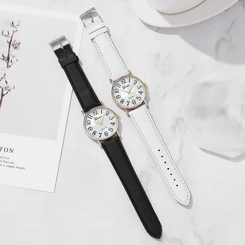 Women's Fashion Quartz Watch With Faux Leather Strap Large Arabic Numerals Shell Texture Dial Round Case Lady Wristwatch