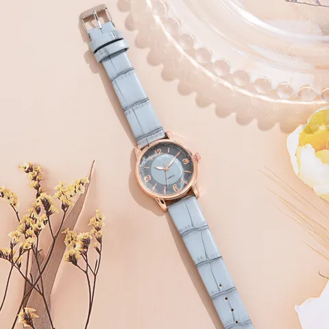 Women Elegant Quartz Watch Rose Gold Case Faux Leather Crocodile Texture Strap Casual Round Analog Wristwatch