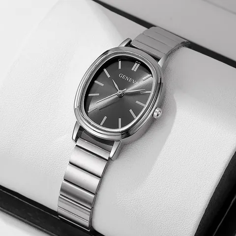 Fashion Women's Oval Quartz Watch With Bamboo Joint Stainless Steel Strap Minimalist Silver Bracelet Wristwatch Ladies Jewelry