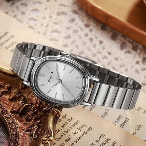 Fashion Women's Oval Quartz Watch With Bamboo Joint Stainless Steel Strap Minimalist Silver Bracelet Wristwatch Ladies Jewelry