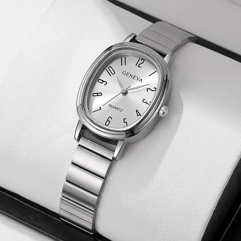 Women's Vintage Oval Quartz Watch With Alloy Bamboo Joint Chain Strap Arabic Numerals Silver Case Retro Fashion Wristwatch