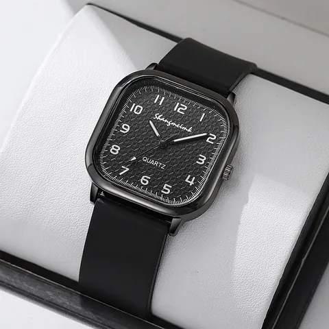 Montre à Quartz Femme Carrée Vintage Boîtier en Alliage Bracelet en Silicone Chiffres Arabes Cadran à Grille Mode