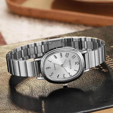 Women's Vintage Oval Quartz Watch With Alloy Bamboo Joint Chain Strap Arabic Numerals Silver Case Retro Fashion Wristwatch