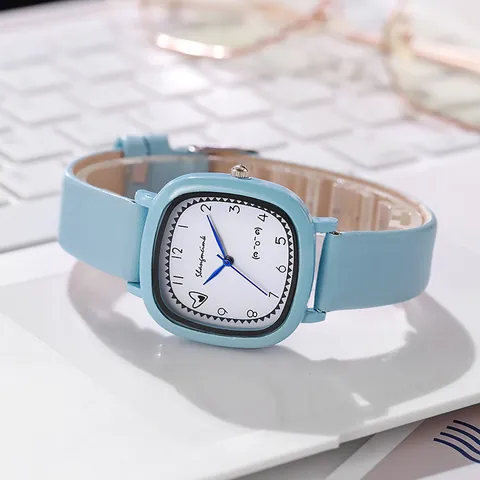 Women Minimalist Square Quartz Watch PU Leather Strap Cartoon Emoji Heart Pattern Analog Watch For Girls Student School Exam Gift