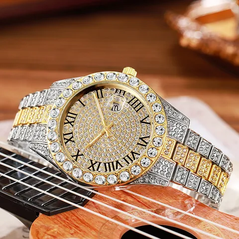 Damen Luxus Iced Out Quarzuhr Strass Besetzt Römische Ziffern Kalender Legierung Armband Rund Mode Armbanduhr Gold Silber Zweifarbig