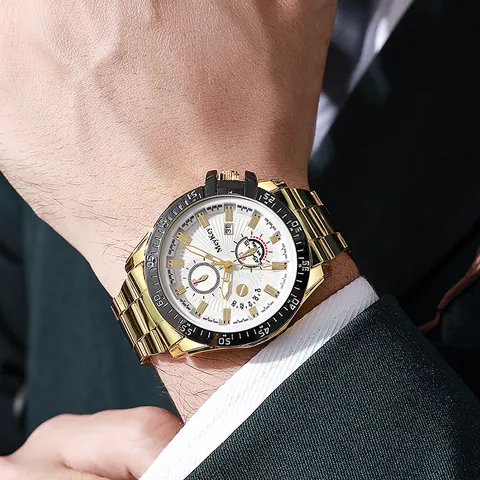 Men's Luxury Business Quartz Watch Gold Alloy Strap Sapphire Glass Mirror Pointer Display 30M Water Resistant Calendar Wristwatch