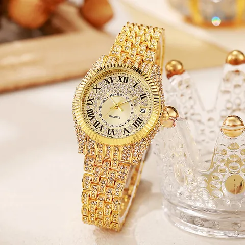 Luxe Dames Quartz Horloge Met Steentjes Iced Out Ontwerp Gelegeerd Bandje Romeinse Cijfers Datumweergave