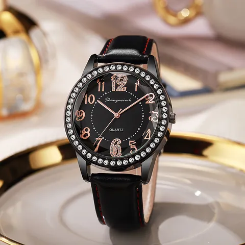 Reloj de Cuarzo de Moda para Mujer Con Diamantes de Imitación Correa de Cuero de PU Números Arábigos Pantalla Analógica Elegante Reloj de Pulsera para Mujer Fiesta Diario