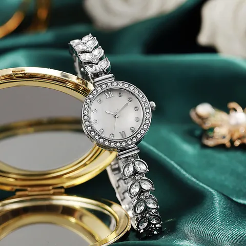 Luxury Mermaid Bracelet Watch For Women Elegant Leaf Shape Alloy Band Rhinestone Inlaid Quartz Wristwatch For Banquet Wedding Daily Fashion Jewelry Gift