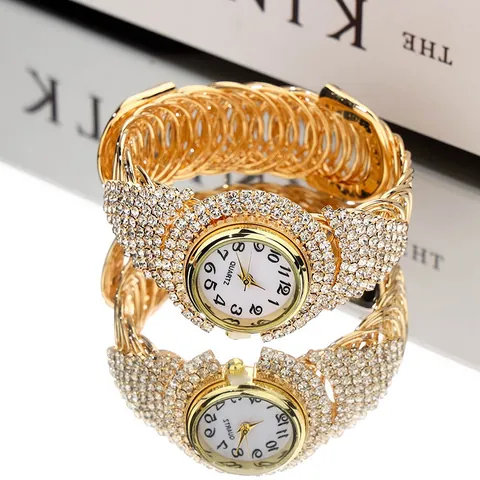 Luxury Full Rhinestone Quartz Watch For Women Round Dial Alloy Bracelet Fashion Wristwatch Glass Mirror Ladies Jewelry