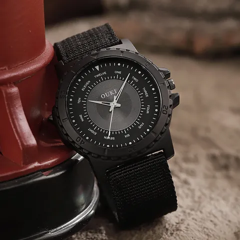 OUKI Men's Outdoor Sport Quartz Watch Canvas Nylon Strap Creative English Word Dial Round Alloy Case Military Wristwatch