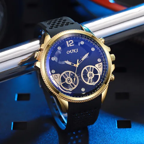 Men Fashion Quartz Watch Alloy Case Silicone Strap Hollow Out Big Dial Blue Light Glass Business Casual Trend Wristwatch