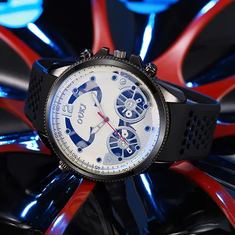 Men Fashion Quartz Watch Alloy Case Silicone Strap Hollow Out Big Dial Blue Light Glass Business Casual Trend Wristwatch