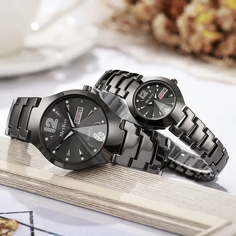 Reloj de Cuarzo de Lujo en Acero de Tungsteno para Hombre Mujer Negocios Pareja Set Impermeable Día Fecha Esfera con Strass