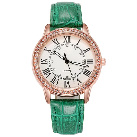Orologio Quarzo Donna Elegante Lunetta In Strass Numeri Romani Cassa In Lega Cinturino In Pelle Coccodrillo Casual