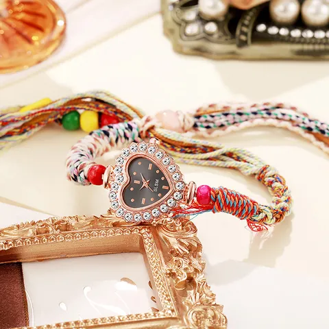 Women's Heart Shaped Quartz Watch Ethnic Woven Strap Rhinestone Inlay Bohemian Fashion Jewelry Wristwatch Decorative Gift