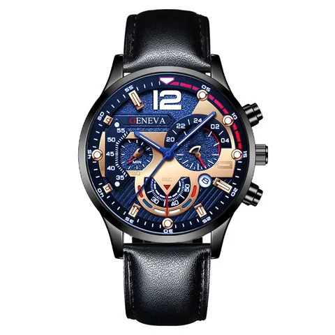 Men's Fashion Sport Quartz Watch Calendar Luminous Alloy Case Leather Strap Casual Business Wristwatch GENEVA Style